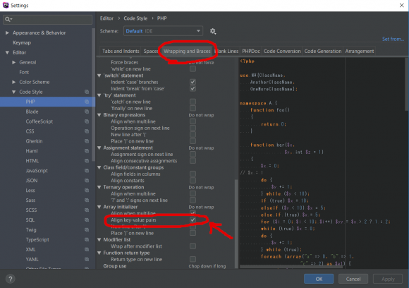 PhpStormで連想配列の矢印を綺麗に整列させる設定
